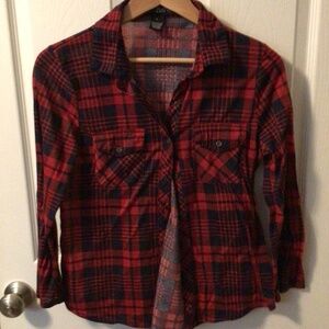 Red dark navy blue plaid button up shirt
